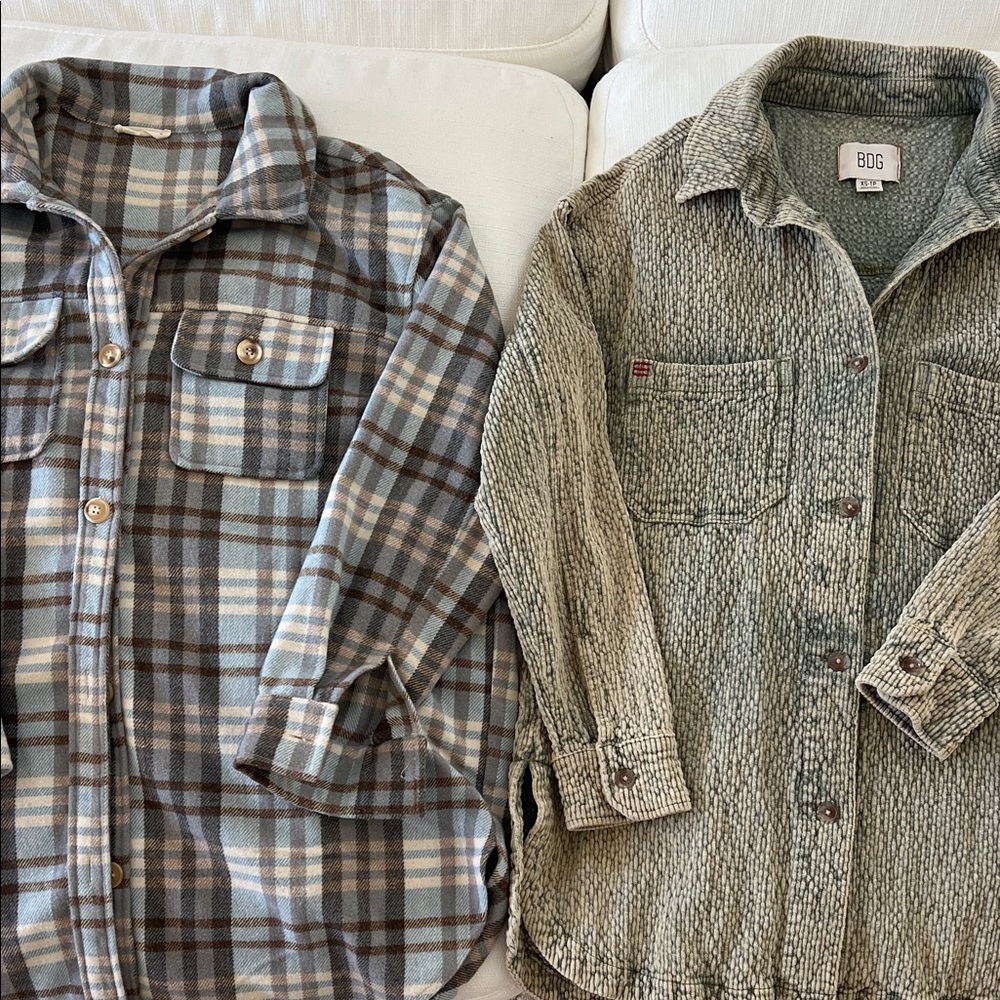 BDG Green Knit Shacket with Blue & Brown Plaid Button-Up